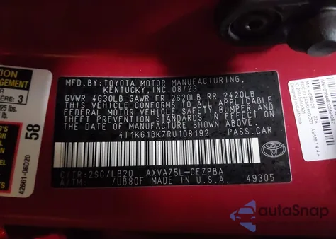 2024 Toyota Camry Xse из США, поврежденный, VIN 4T1K61BK7RU108192